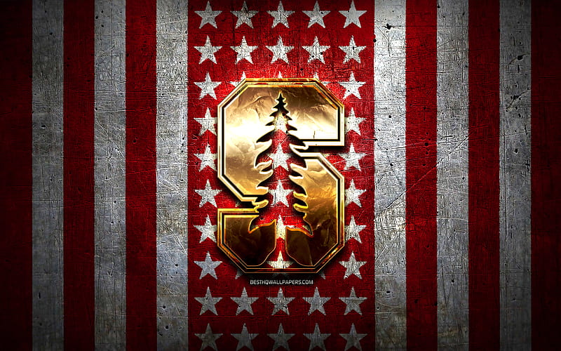 Stanford Cardinal flag, NCAA, red white metal background, american football team, Stanford Cardinal logo, USA, american football, golden logo, Stanford Cardinal, HD wallpaper