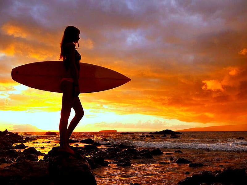 Surfer at Sunset, Surfer girl, Bikini, Surfboard, Sunset, HD wallpaper