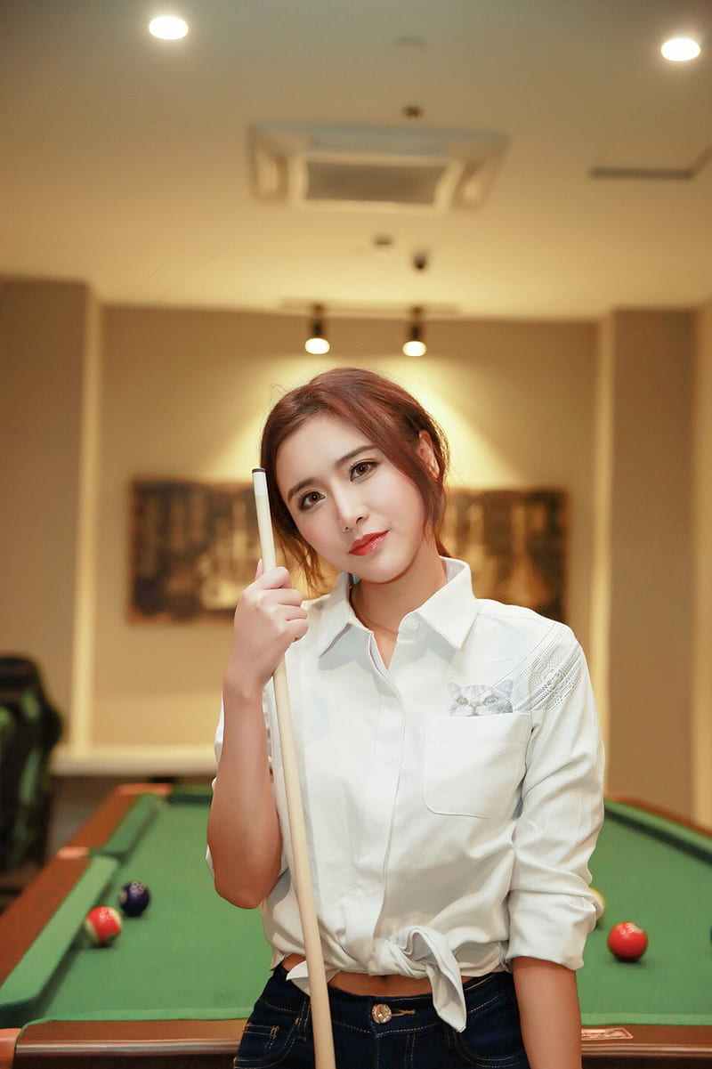 Asian, women, billiards, pool table, red lipstick, women indoors, indoors, model, looking at viewer, makeup, dyed hair, HD phone wallpaper