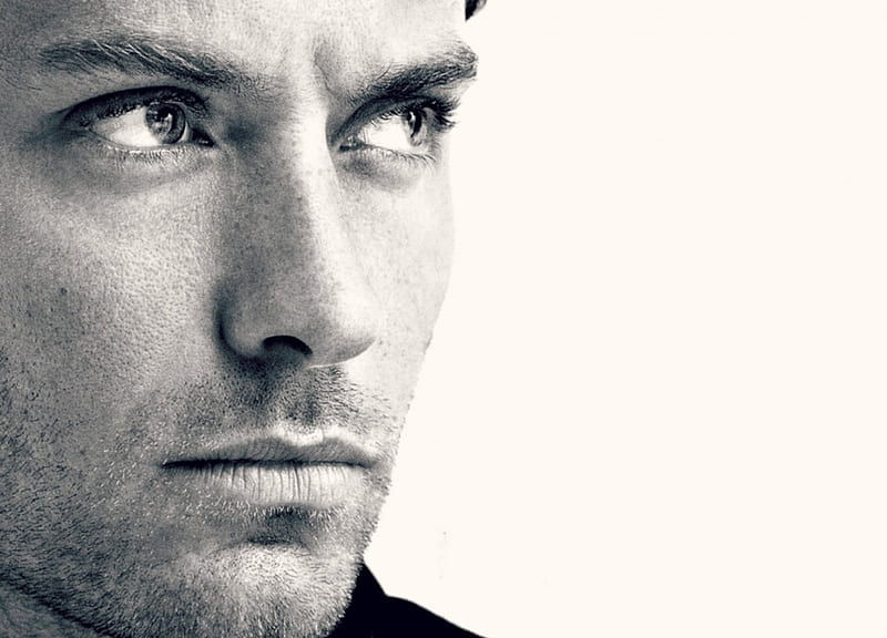 Jude Law, male, bw, black, face, man, white, actor, HD wallpaper