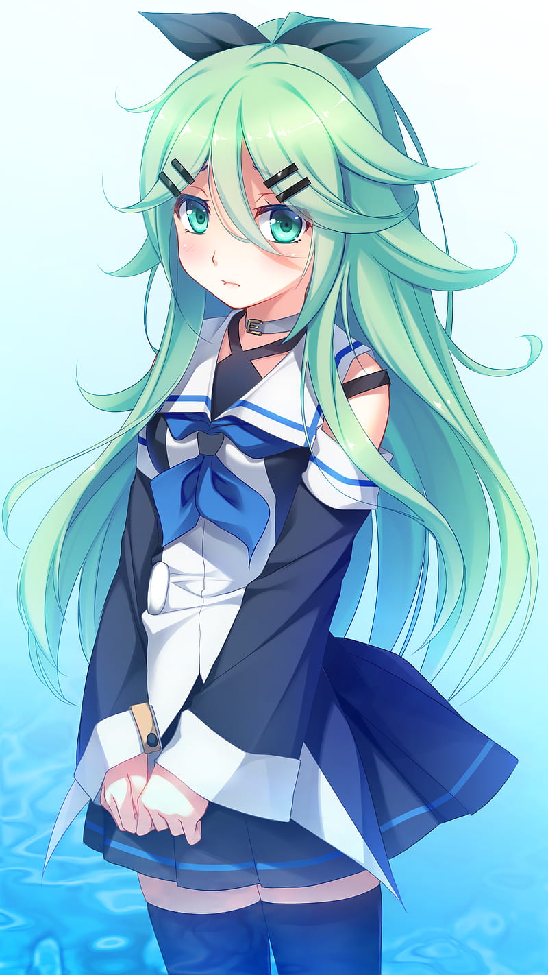 anime girl with blue hair and green eyes