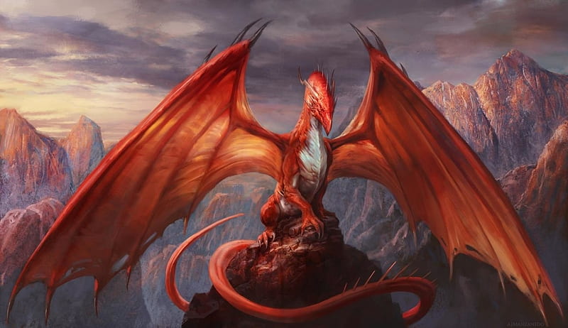 Red dragon, manzanedo, dragon, orange, red, art, fantasy, HD wallpaper