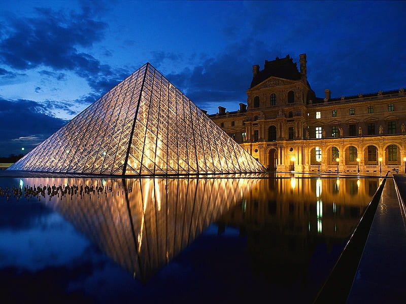 Palais Du Louvre, architecture, paris, sky, lights, pyramid at louvre museum, france, pyramid, louvre, reflection, night, HD wallpaper