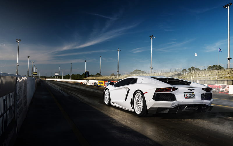 Lamborghini Aventador, 2019, drag racing, white supercar, tuning Aventador, italian sports cars, Lamborghini, HD wallpaper