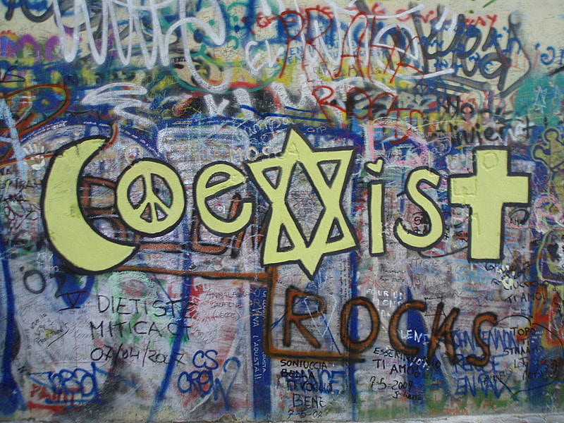 John Lennon Graffiti, beatles, religious, graffiti, peace, lennon, wall, co-exist, symbols, john, HD wallpaper