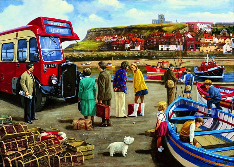 Happy Days at Whitby, boat, people, painting, travellers, artwork, dog, bus, HD wallpaper