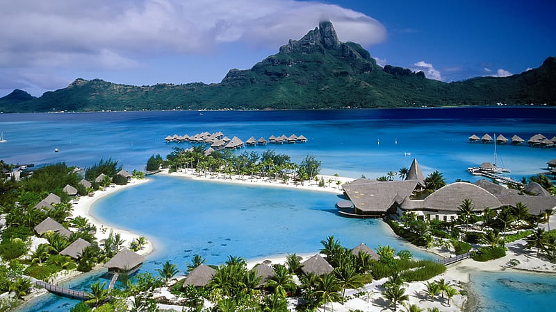 french polynesia, mountain, beach, stilthouses, cove, HD wallpaper
