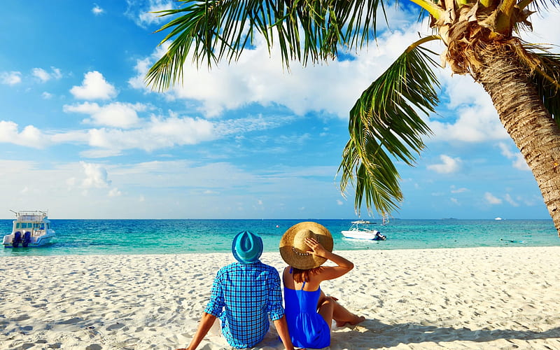 Couple at Maldives, Sand, Honeymoon, Palm tree, beach, Relax, HD wallpaper