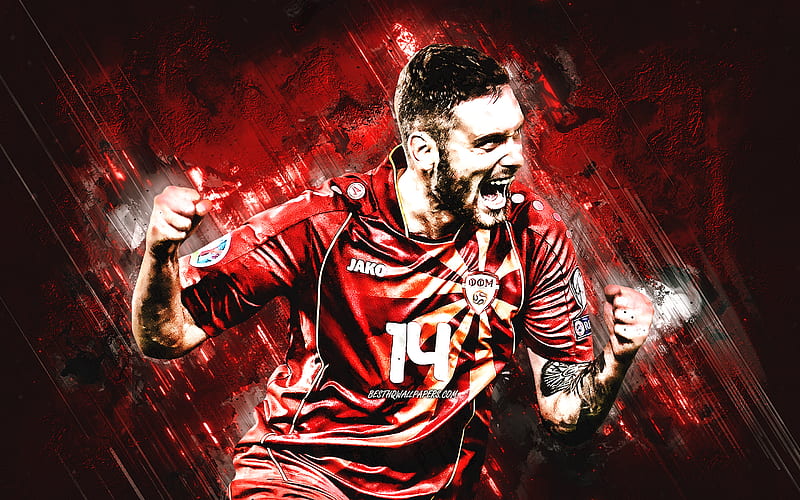Ljupche Doriev, North Macedonia national football team, Macedonian footballer, portrait, red stone background, football, HD wallpaper
