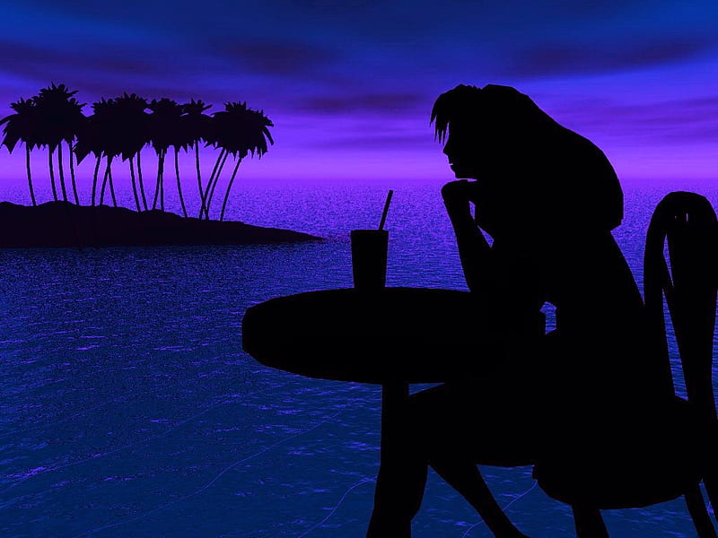 Beach bar, beach, ocean, drink, silhouette, woman, night, palms, HD wallpaper
