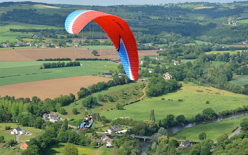 Paragliding over Fields, fields, aerial, paraglider, landscape, HD wallpaper