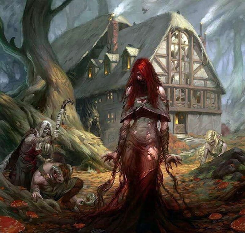 Red Head Witch And Followers, red head, fantasy, house, followers, HD wallpaper