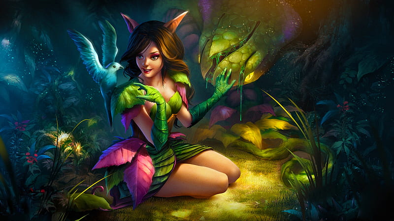 Lovely Nature Elf, pretty, forest, colorful, art, bonito, woman, fantasy, nice, girl, bird, digital, nature, fairy, HD wallpaper