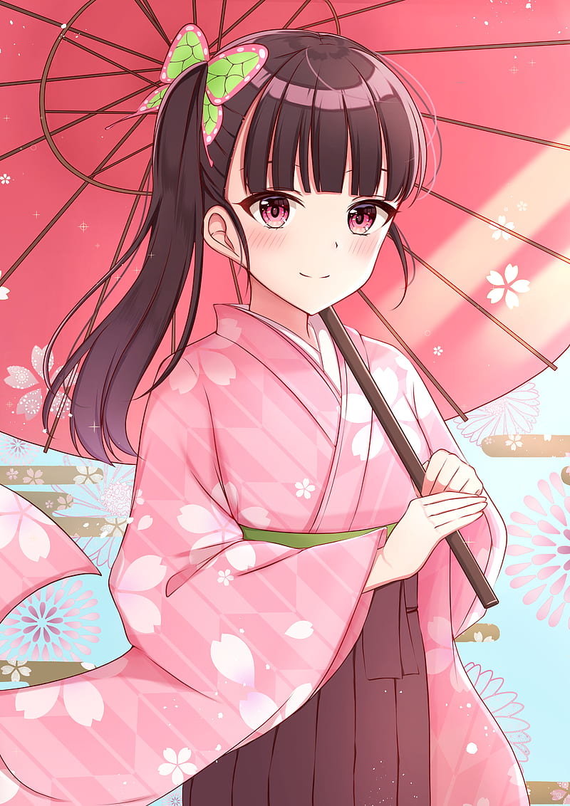 tsuyuri kanao, kimono, umbrella, demon slayer, kimetsu no yaiba, Anime, HD phone wallpaper