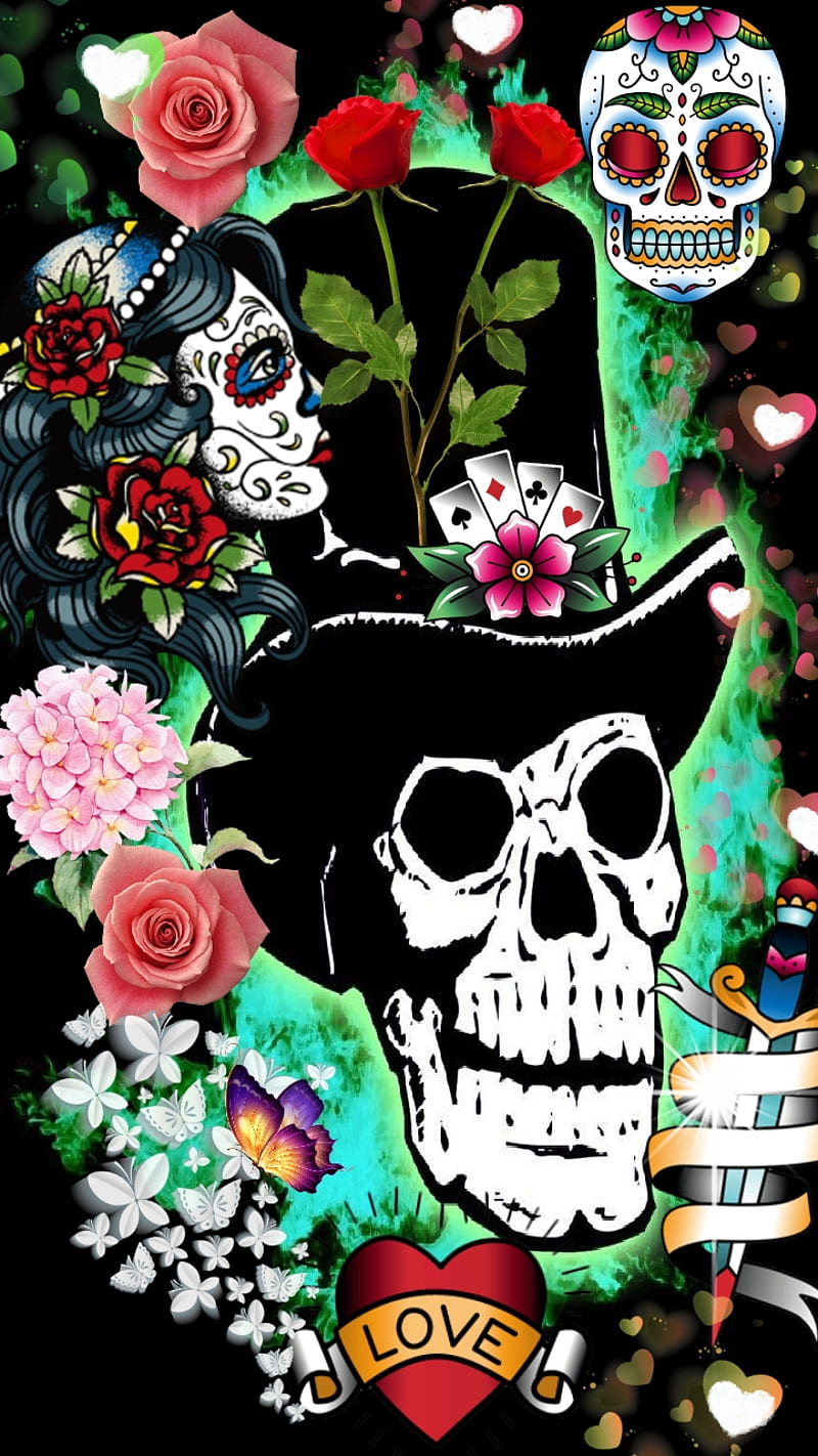 Kingpin, black, dead, flowers, love, neon, roses, skull, sugar, sword, top hat, HD phone wallpaper
