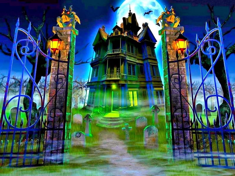 Enter If You Dare, scarey, house, halloween, haunted house, fantasy, moon, spooky, gates, graveyard, HD wallpaper