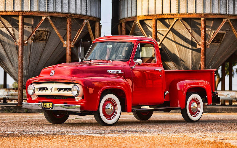 Ford F-100 Pickup, retro cars, 1953 cars, R, american cars, red pickup, Ford, HD wallpaper
