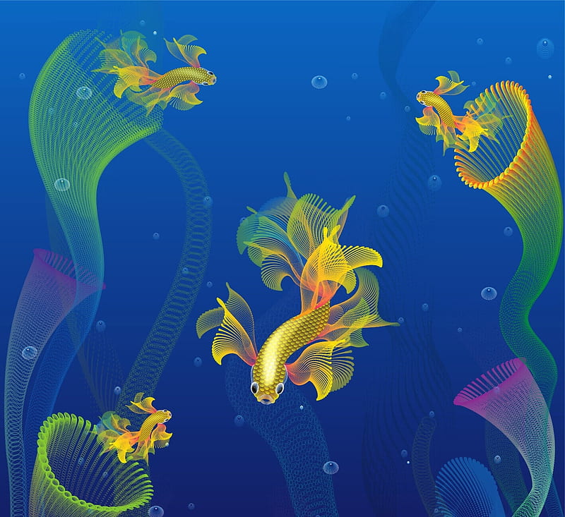 Fish and corals, jellyfish, coral, blue, underwater, fish, yellow, fantasy, water, edwin canales, vara, pesti, summer, HD wallpaper