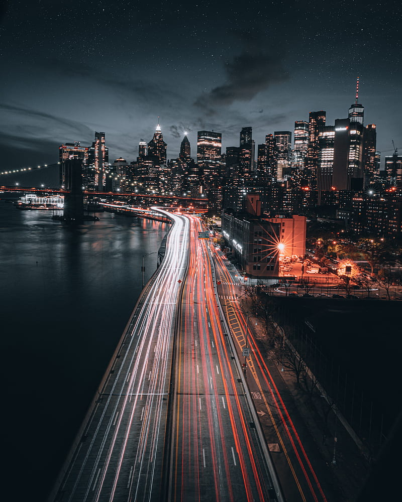 City, buildings, lights, road, long exposure, HD phone wallpaper | Peakpx