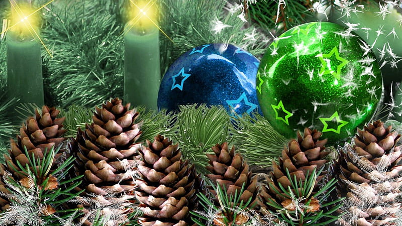 Christmas decoration, candle, baubles, cones, twigs, gold, green, pine, star, blue, HD wallpaper