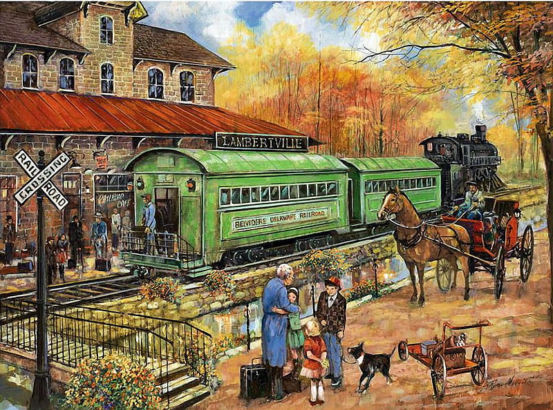 Welcome Home To Lambertville, train, people, station, railways, coach, horse, artwork, dogs, painting, HD wallpaper