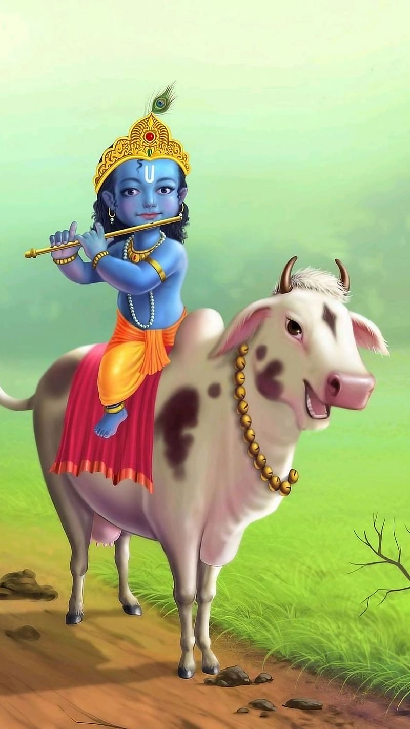 Little Krishna , God Kanha Sitting On Cow, lord, laddu gopal, HD phone wallpaper