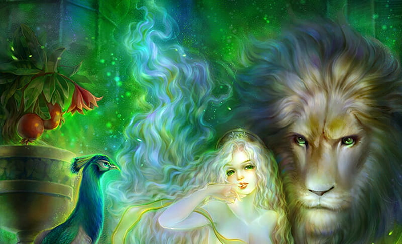 Hera the Goddess, seven sins, luminos, leu, goddess, shawli chen, peacock, lion, fantasy, shawli2007, envy, green, bird, hera, paun, pasari, HD wallpaper