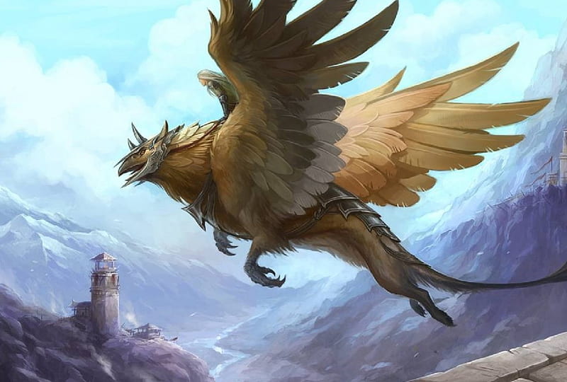 Protecting The Realm, watchtower, elf, mountains, griffin, HD wallpaper