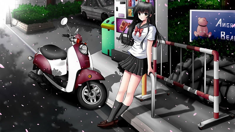 A girl at the gas pumps, anime, entertainment, motorcycle, HD wallpaper