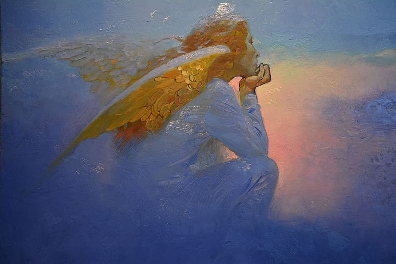 Sunset angel, victor nizovtsev, angel, sunset, golden, blue, wings, aet, pink, fantasy, painting, pictura, yellow, HD wallpaper