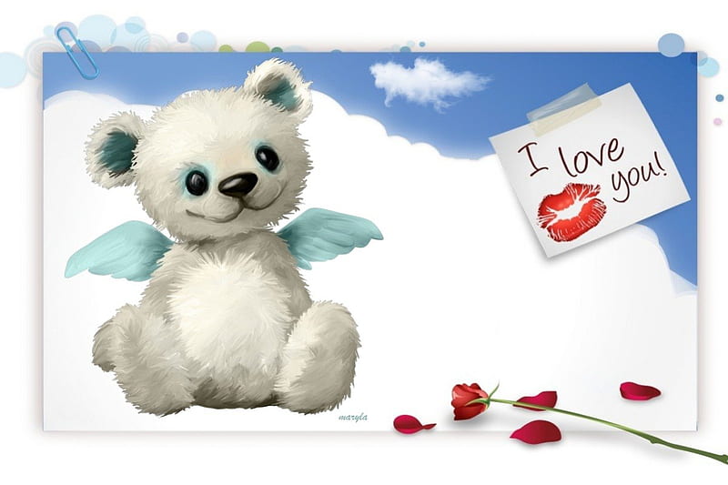 love you, cloud, rose, teddy, angel, bear, sky, cartoon, kiss, sweet, love, white, blue, HD wallpaper