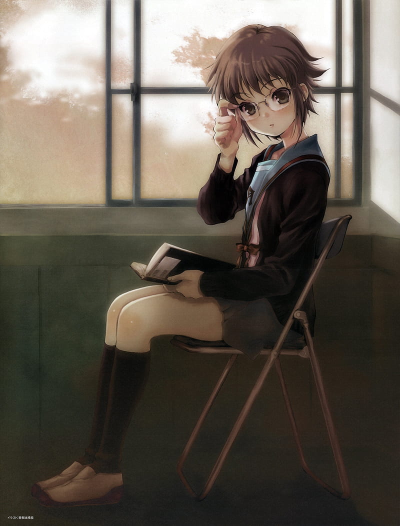 anime, The Melancholy of Haruhi Suzumiya, anime girls, sitting, chair, HD phone wallpaper