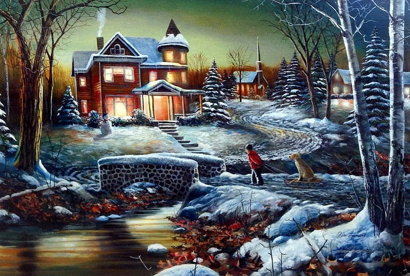 Homeward Bound, house, artwork, winter, snow, bridge, painting, child, river, sledge, dog, HD wallpaper