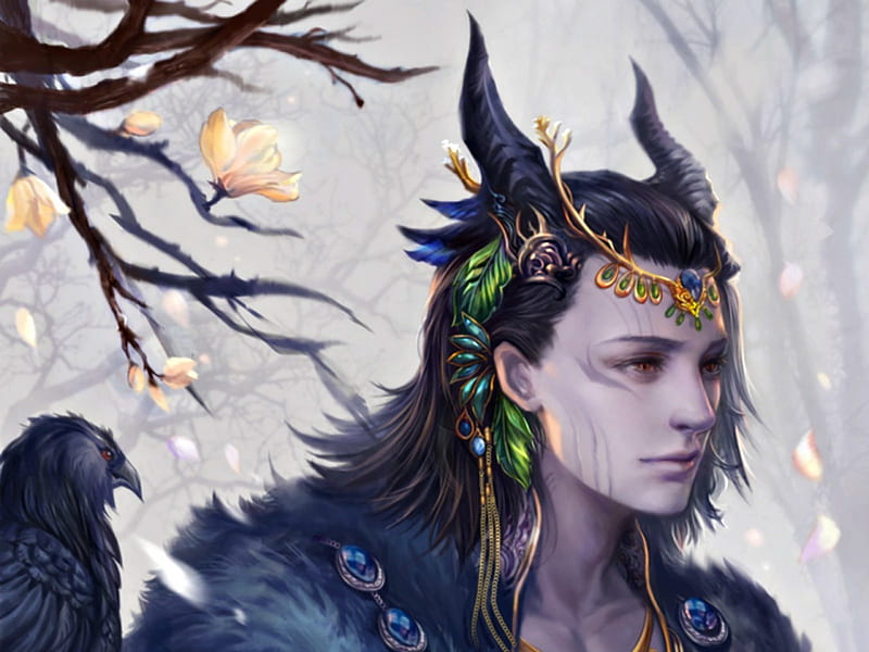 Loki, art, magnolia, jiuge, Yang Fan, man, spring, branch, horns, fantasy, flower, god, blue, HD wallpaper