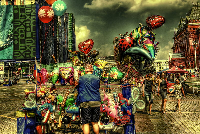 Funfair, city, street, balloons, people, HD wallpaper
