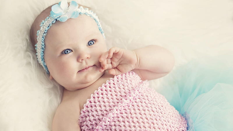 Cute Grey Eyes Chubby Baby Child Is Lying Down On Fur White Cloth Wearing Woolen Knitted Pink Dress Cute, HD wallpaper