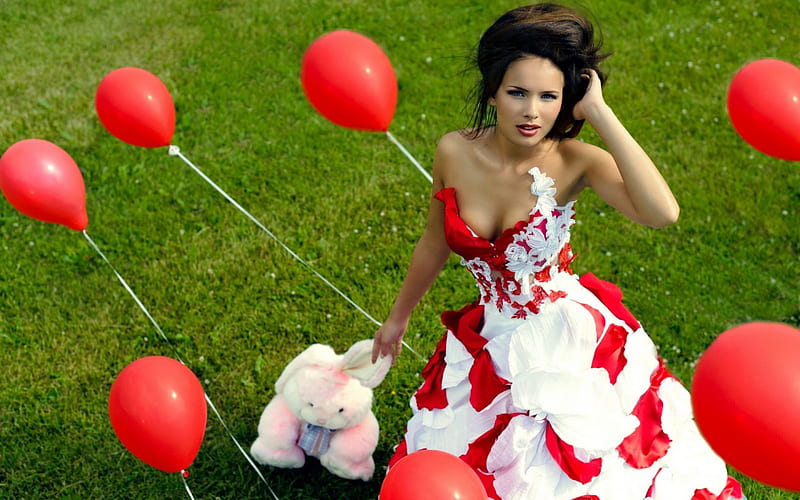 Isabella Matias, bunny, dress, balloons, HD wallpaper