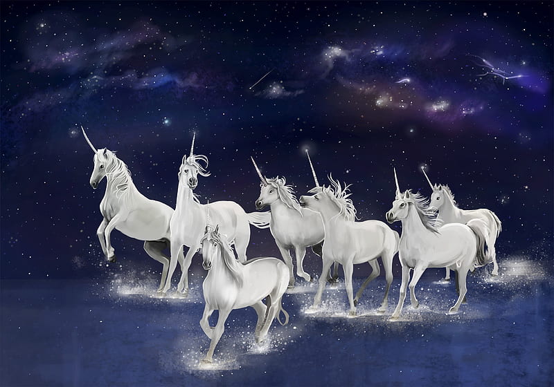 Unicorns, frumusete, water, luminos, herd, unicorn, running, white, blue, daria schreiber, HD wallpaper