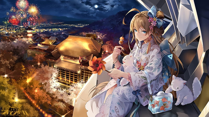 iron saga, snow, kimono, festival, fireworks, buildings, moon, night, scenic, Anime, HD wallpaper