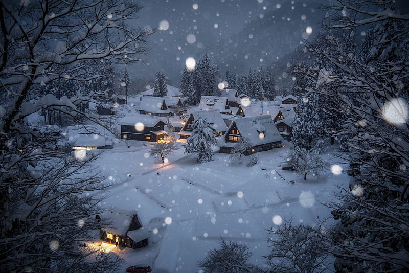 fantasy village, snow, architecture, calm, warm, mood, lights, houses, Fantasy, HD wallpaper