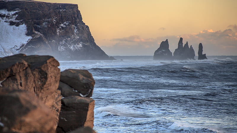 Dyrhólaey, , , , Iceland, Reynisdrangar, rocks, shore, sunset, OS, HD wallpaper Dyrhólaey, , , , Iceland, Reynisdrangar, rocks, shore, sunset, OS, HD wallpaper