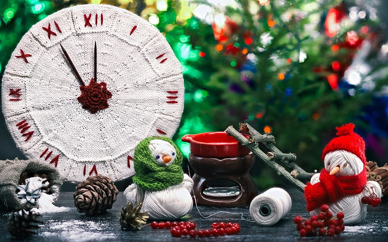 Christmas, Clock, New Year, snowmen, Christmas decorations, HD wallpaper