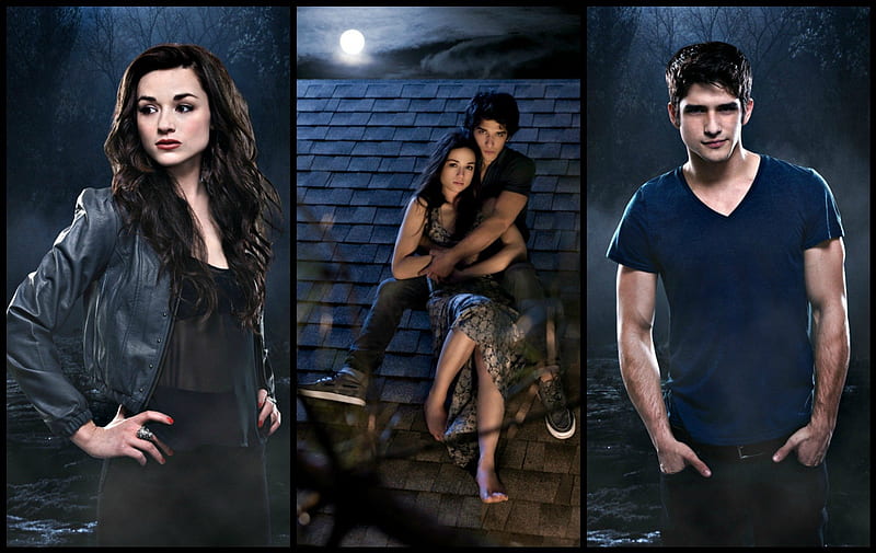 Teen Wolf (2011-), woman, teen wolf, young, actress, people, love, tv series, crystal reed, werewolf, scott, couple, blue, night, allison, black, man, by cehenot, collage, tyler posey, girl, lycan, dark, hunter, actor, HD wallpaper