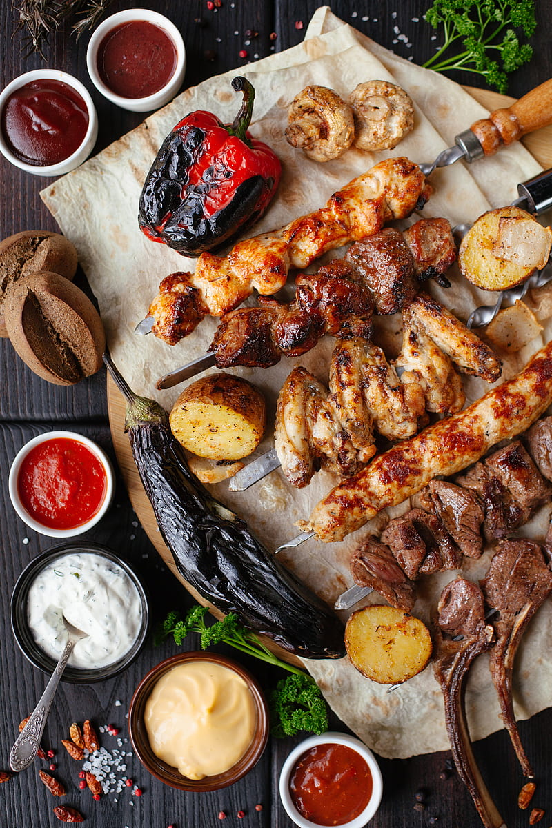grilled meat and vegetable on the table, HD phone wallpaper