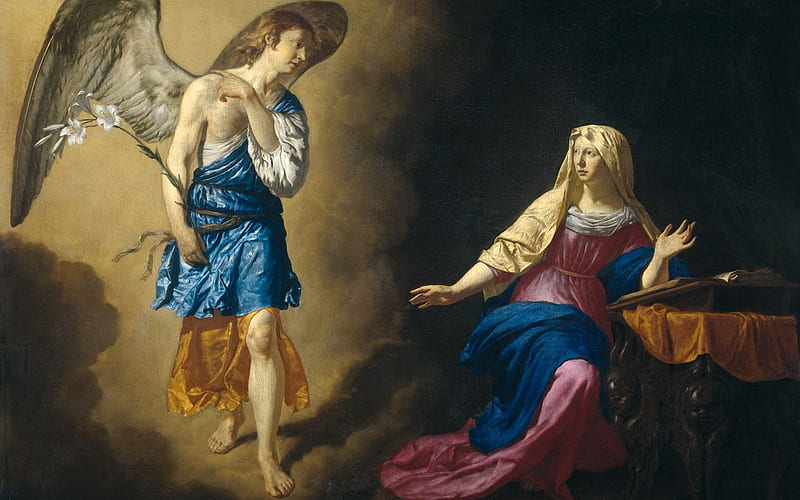 The Annunciation, art, angel, man, woman, virgen, mother, angle, maria, painting, adriaen van de velde, pictura, pink, blue, HD wallpaper