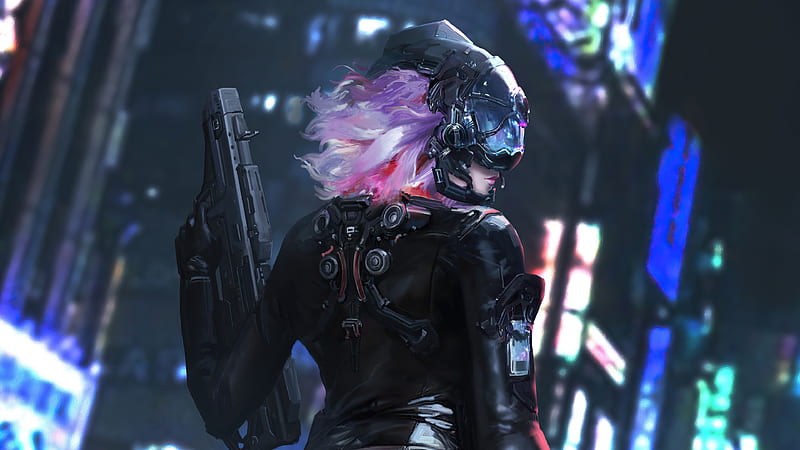 Cyber Girl Latex Suit With Gun , scifi, cyberpunk, artist, artwork, digital-art, artstation, HD wallpaper