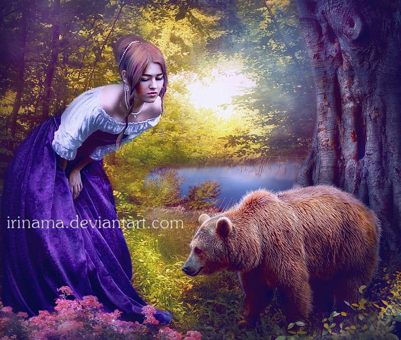 Masha and Bear, bear, fantasy, lady, masha, HD wallpaper