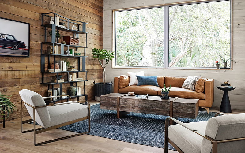 living room, stylish interior design, wooden boards on the wall, loft style, modern interior design, HD wallpaper