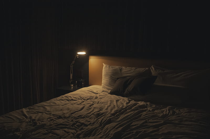 table lamp turned-on near bed, HD wallpaper