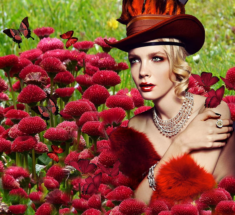 High Fashion Red Beauty Among Flowers, red, artistic, woman, women, floral, green, bright colors, feminine, flowers, female, vivid, model, black, soft, butterflies, creative, hat, girl, eyes, HD wallpaper